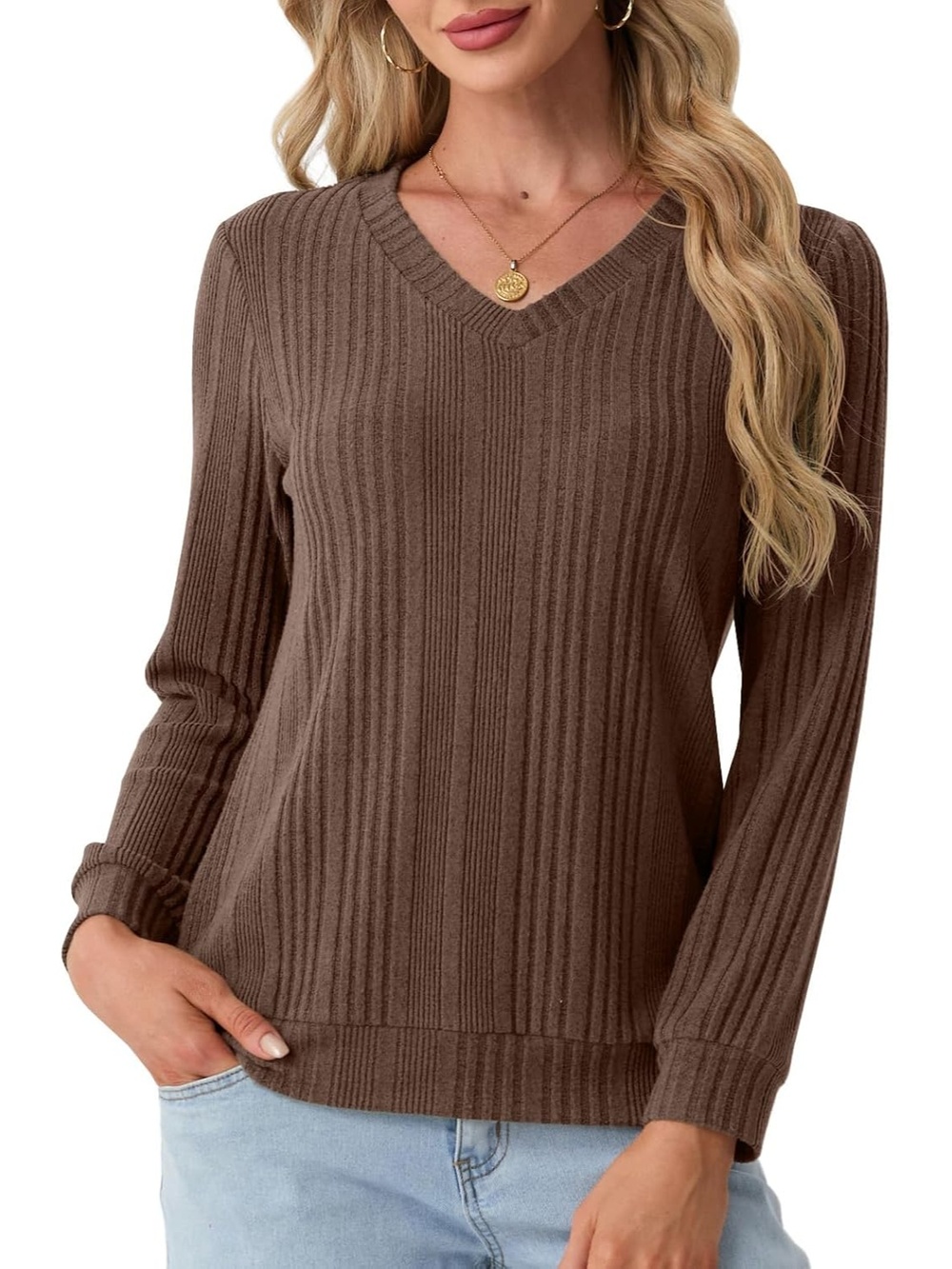 🆕 Women's Brown Long Sleeve V Neck Ribbed Knit Loose Fit Top Sweater